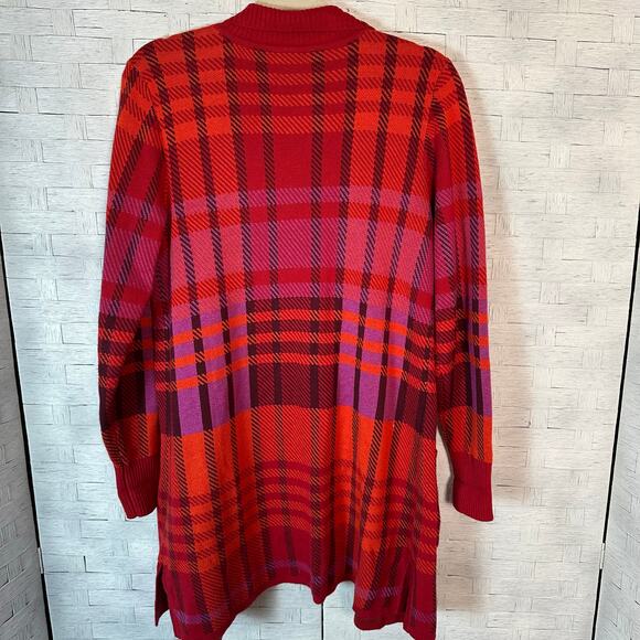 Isaac Mizrahi long cardigan bold plaid red to orange packets cozycore fall Y2K - Picture 2 of 9